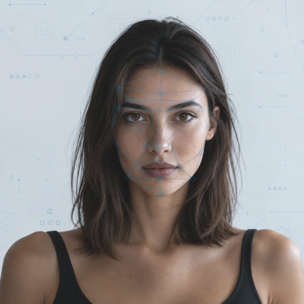 Facial recognition scan mapping a woman's face
